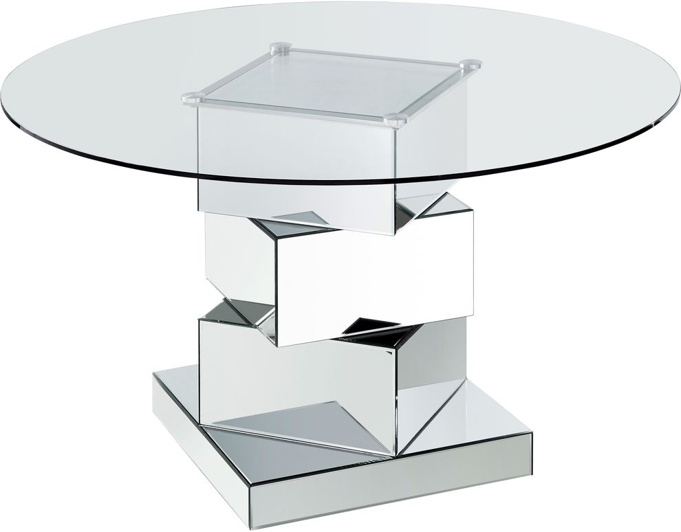 Round glass top / mirrored geometric base dining table by Meridian