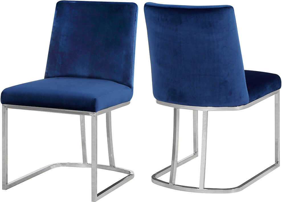 Elegant contemporary silver / blue velvet dining chair by Meridian
