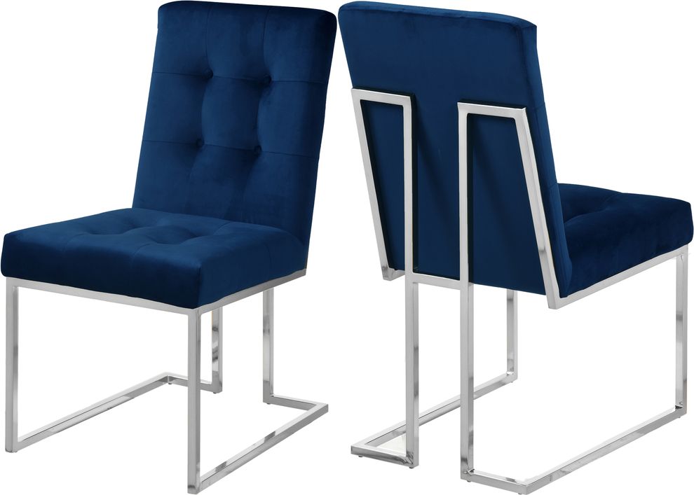 Stainless steel / navy velvet tufted seat dining chair by Meridian