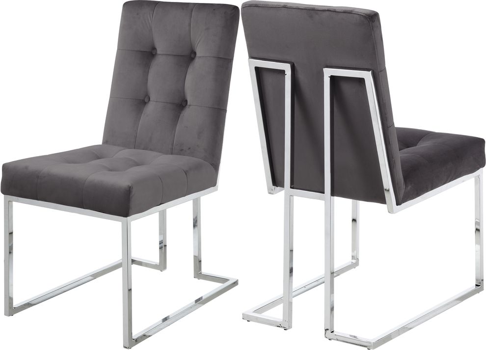 Stainless steel base / gray velvet contemporary dining chair by Meridian