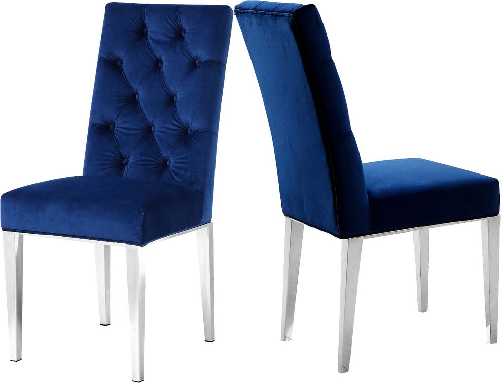 Modern blue velvet / rich chrome metal chair by Meridian