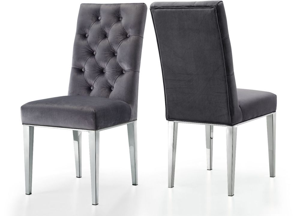 Modern gray velvet / rich chrome metal chair by Meridian