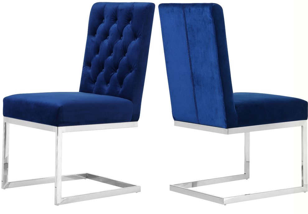 Stainless steel blue navy velvet modern dining chair by Meridian