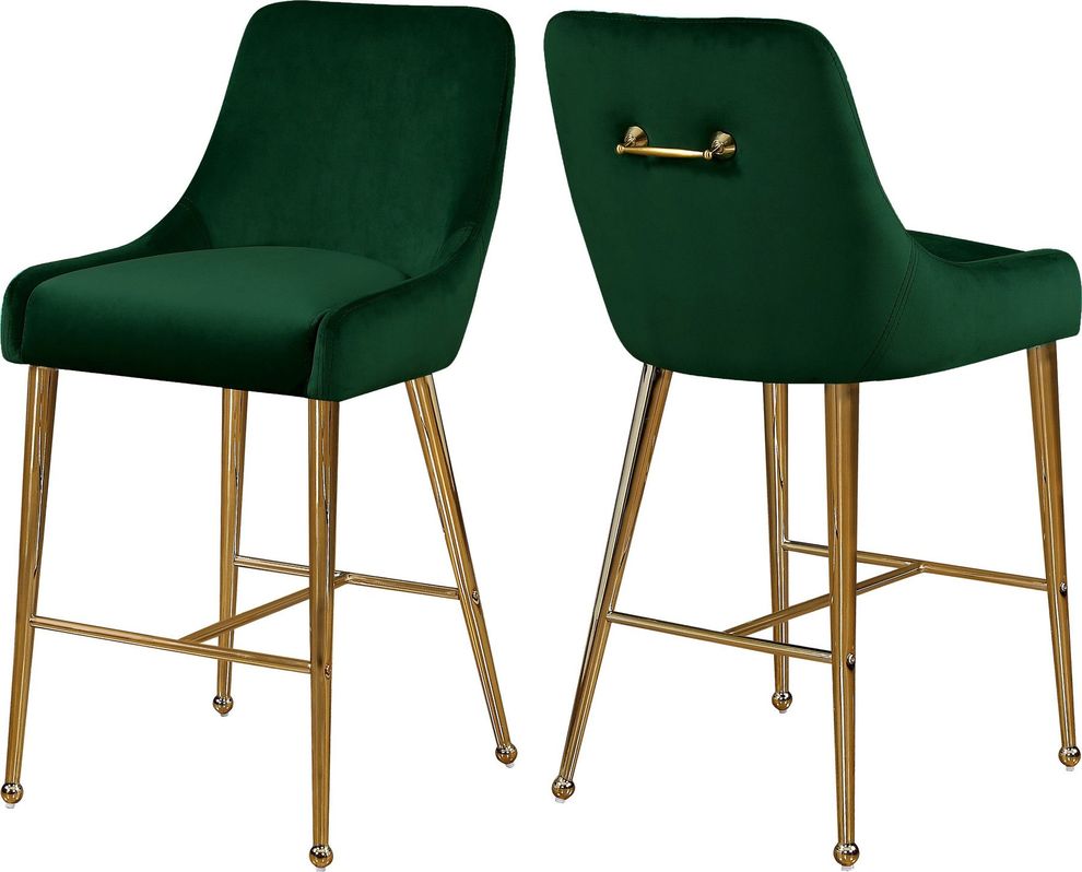 Green velvet bar stool w/ golden hardware and handle by Meridian