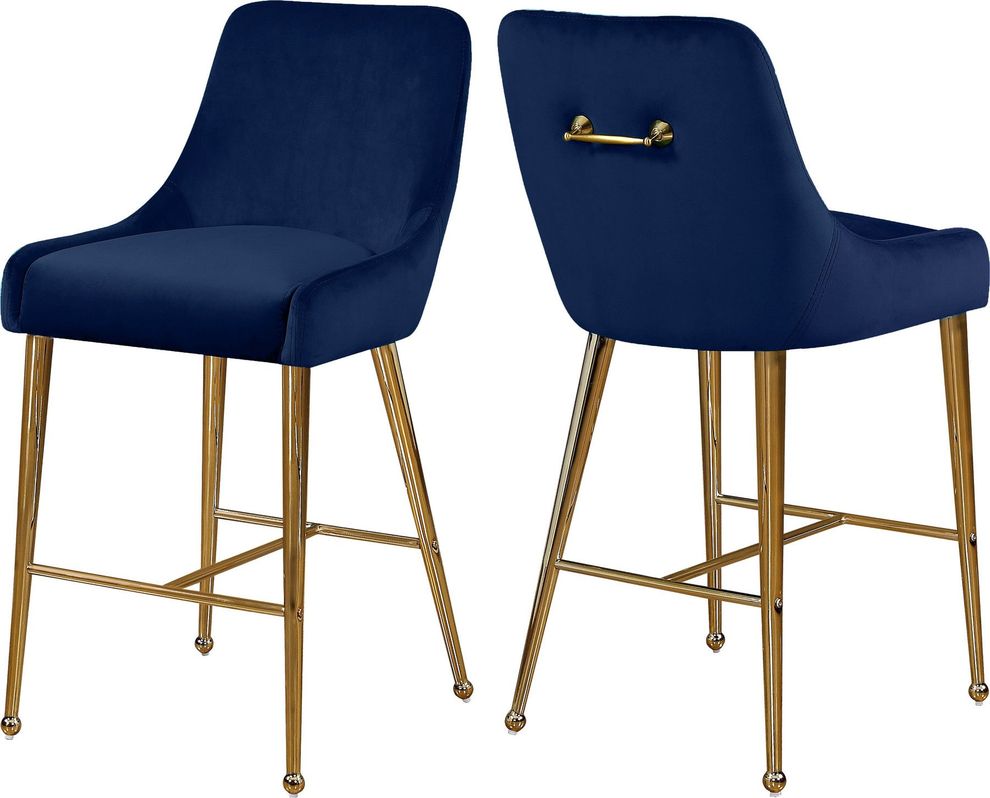Navy velvet bar stool w/ golden hardware and handle by Meridian