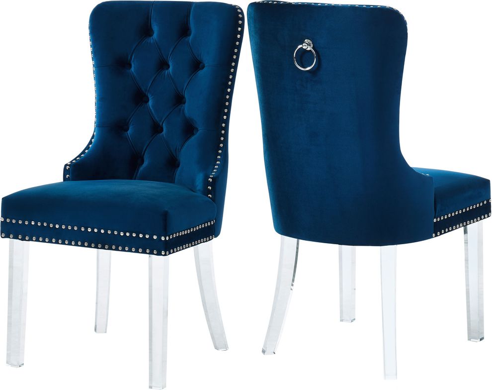 Navy velvet / tufted back / acrylic legs dining chair by Meridian