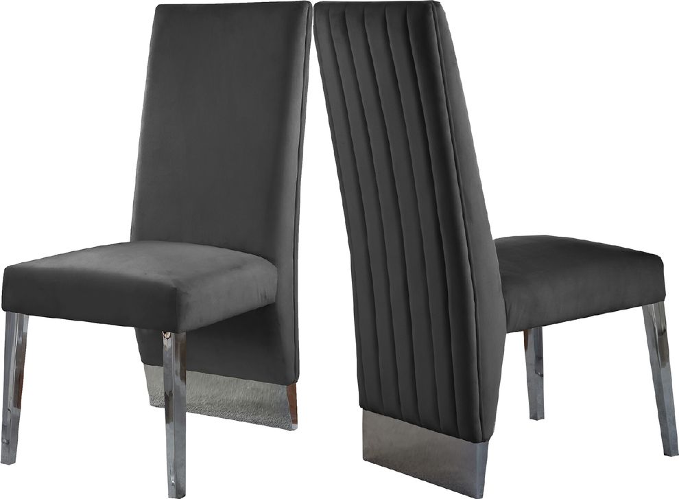 Chrome base / gray velvet glam style dining chair by Meridian
