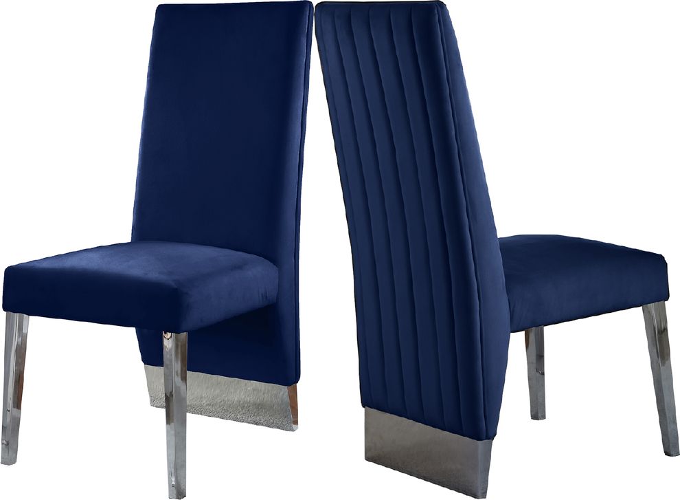Chrome base / navy velvet glam style dining chair by Meridian