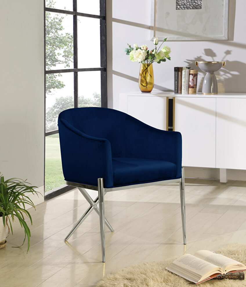 Elegant x-cross silver legs chair in navy blue velvet by Meridian