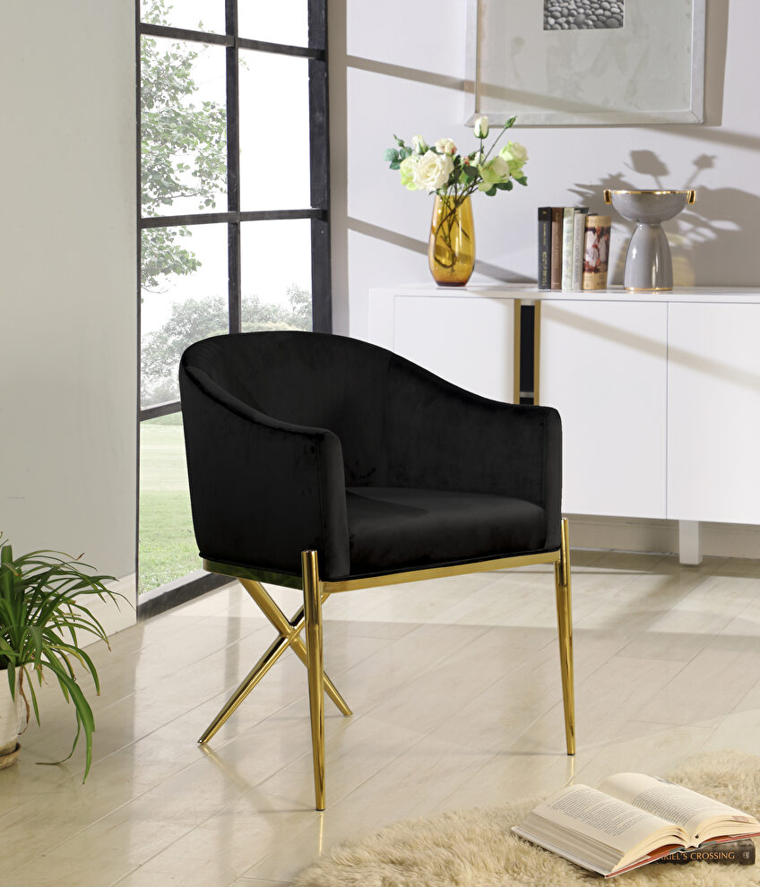 Elegant x-cross gold legs chair in black velvet by Meridian