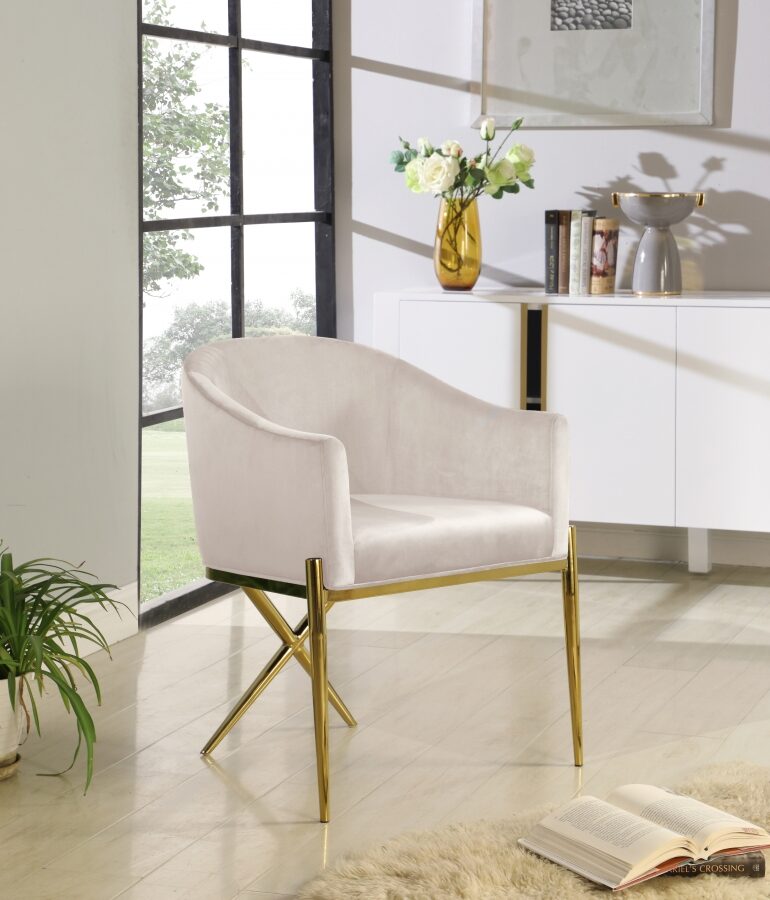 Elegant x-cross gold legs chair in cream velvet by Meridian