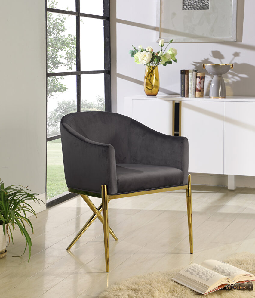 Elegant x-cross gold legs chair in gray velvet by Meridian