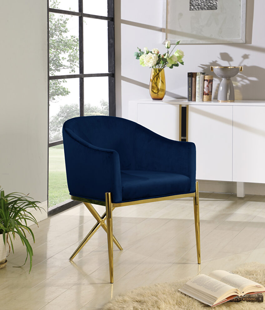 Elegant x-cross gold legs chair in navy blue velvet by Meridian