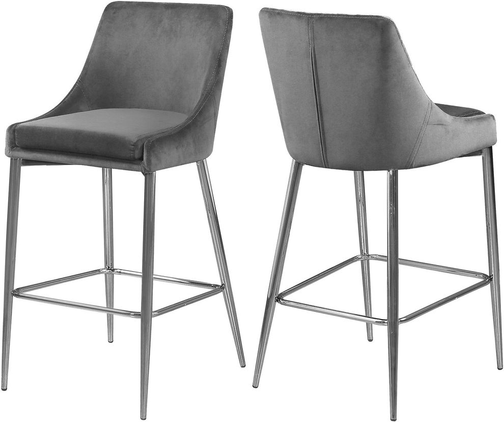 Gray velvet bar stool with chrome metal base by Meridian