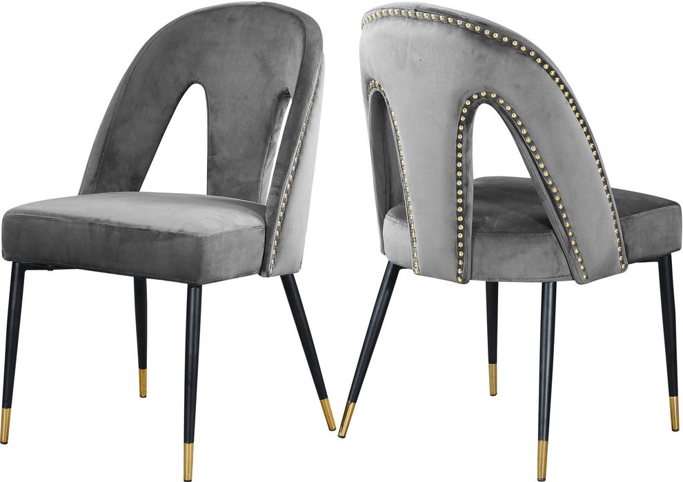 Gray velvet dining chair w/ nailhead trim by Meridian