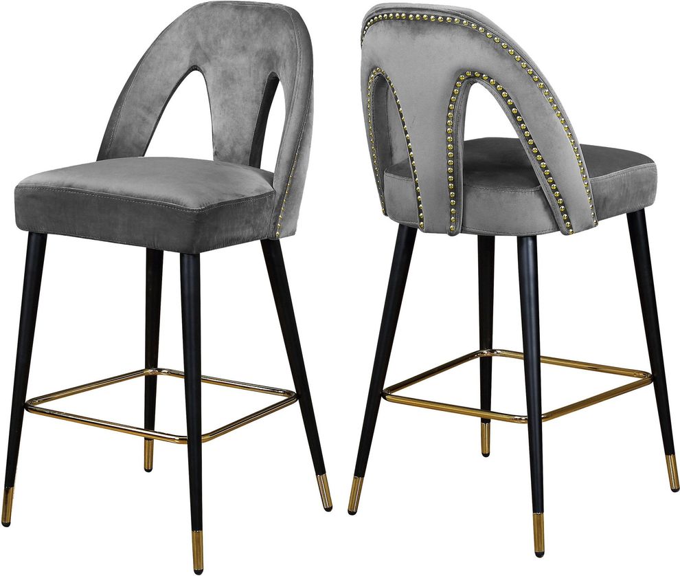 Gray velvet stylish bar stool w/ black/gold legs by Meridian