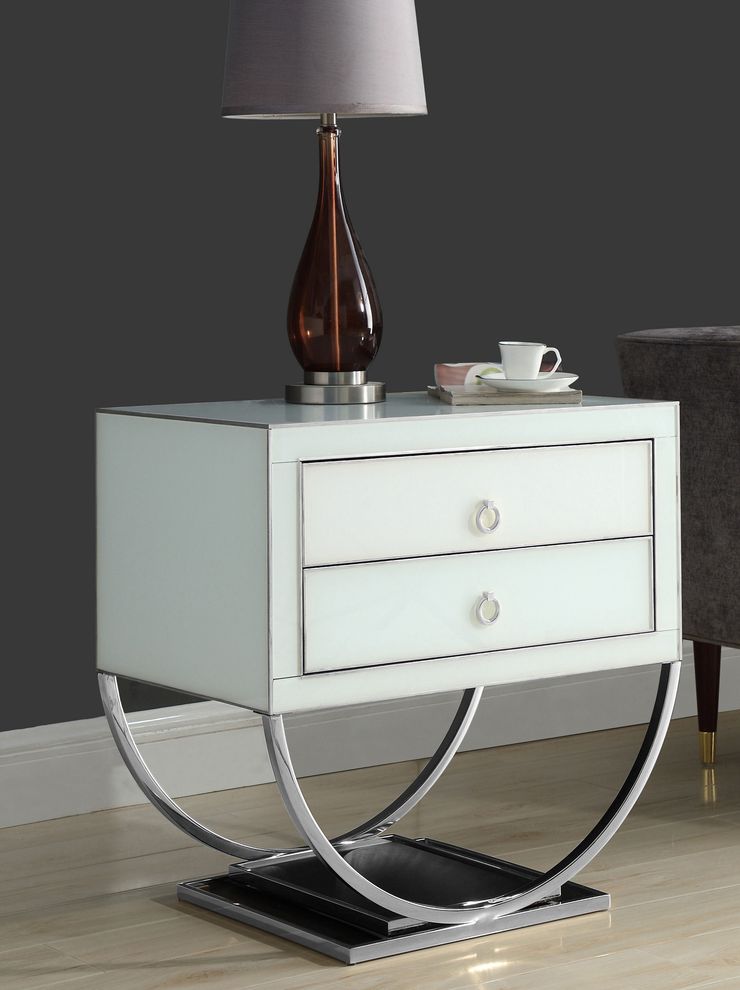 Chrome/white contemporary glam style nightstand by Meridian