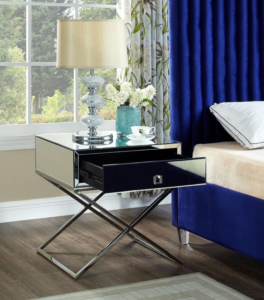 Criss-cross base mirrored nightstand / side table by Meridian