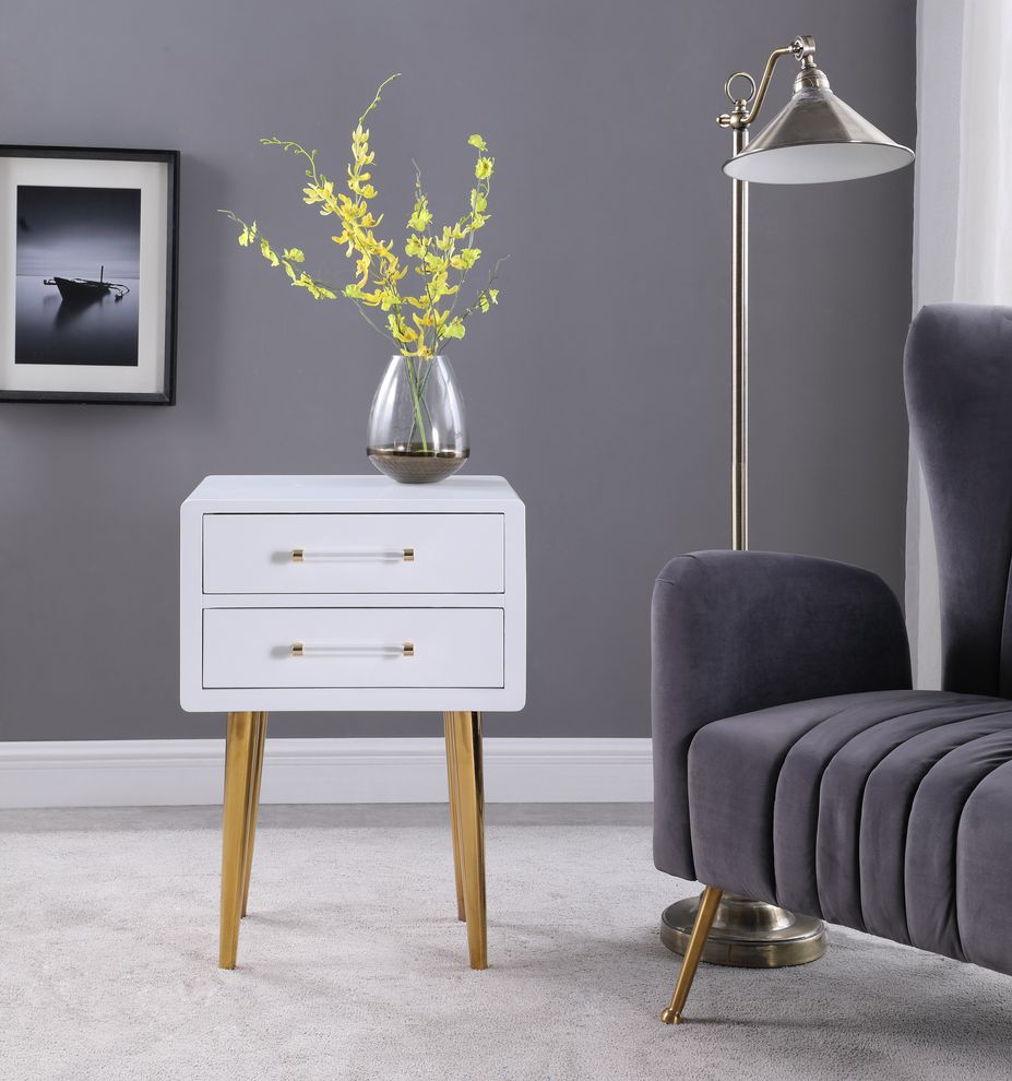 White lacquer / gold legs nightstand in glam style by Meridian