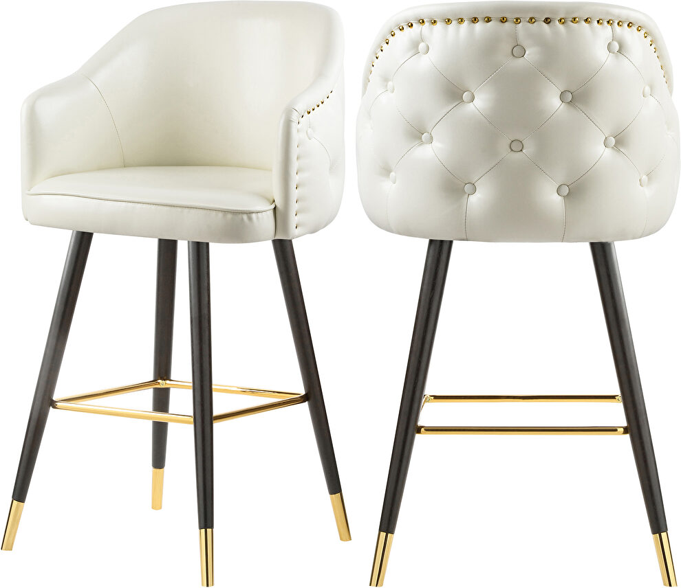 Rounded tufted back faux leather white / gold bar stool by Meridian