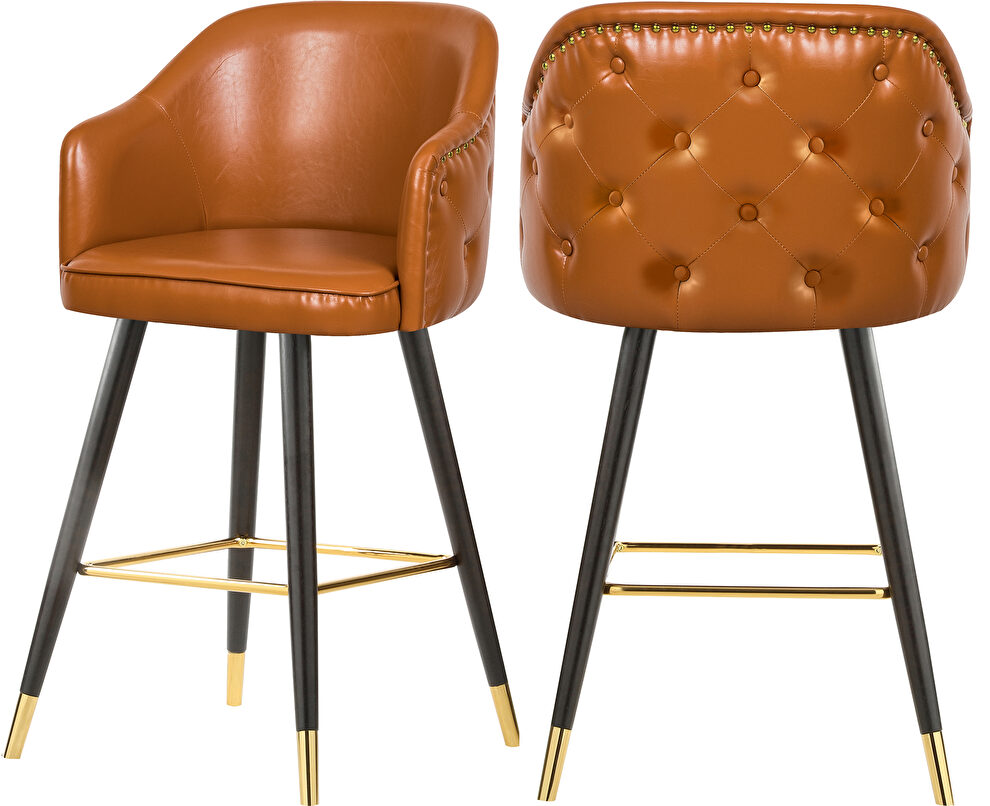Rounded tufted back faux leather cognac / gold bar stool by Meridian