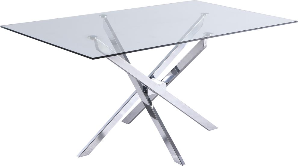 Chrome x-crossed base / glass top dining table by Meridian