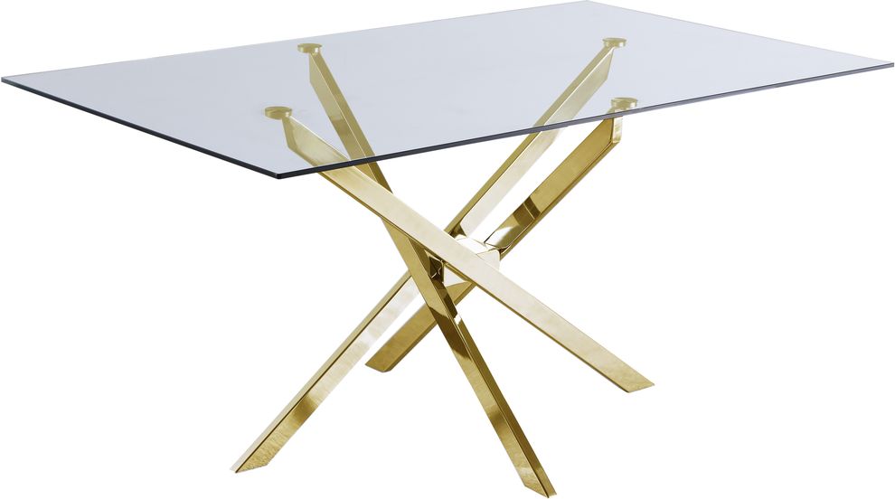 Gold x-crossed base / glass top dining table by Meridian