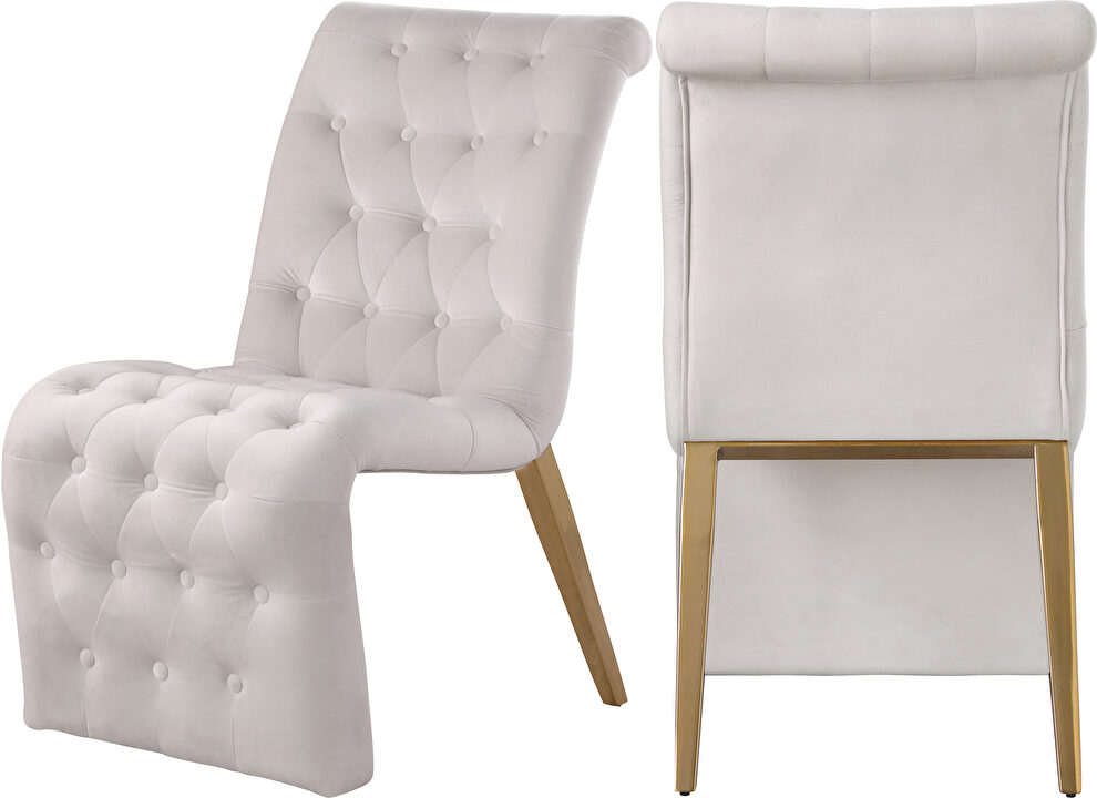 Cream velvet tufted dining chair pair by Meridian