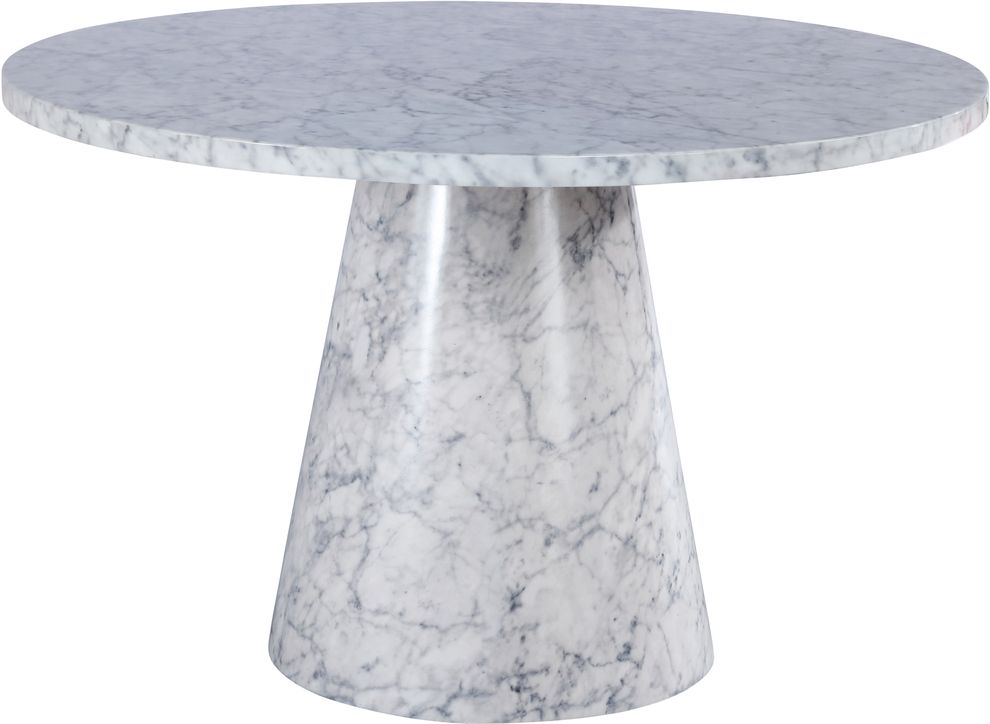 Round white faux marble top / base dining table by Meridian
