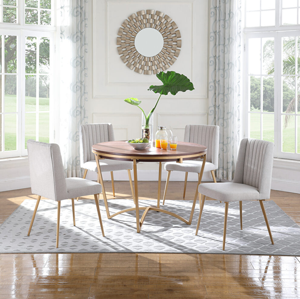 Stylish walnut / gold dining table w/ cream chairs by Meridian