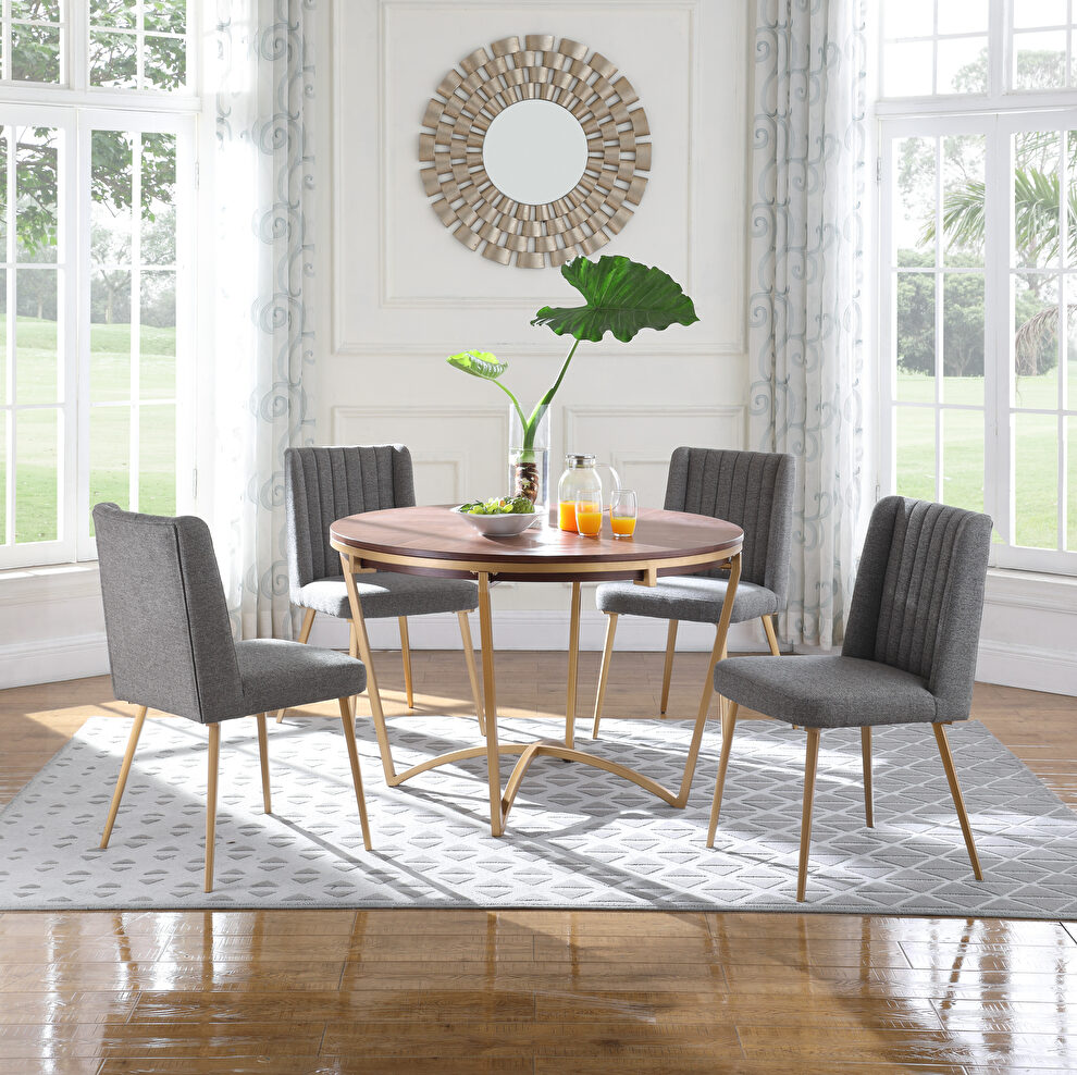 Stylish walnut / gold dining table w/ gray chairs by Meridian
