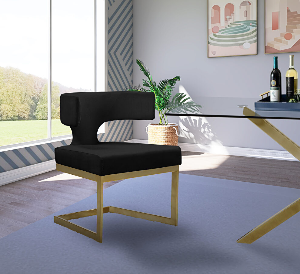 Floating gold base / black velvet curved back dining chair by Meridian