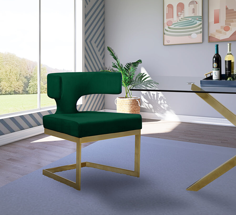Floating gold base / green velvet curved back dining chair by Meridian