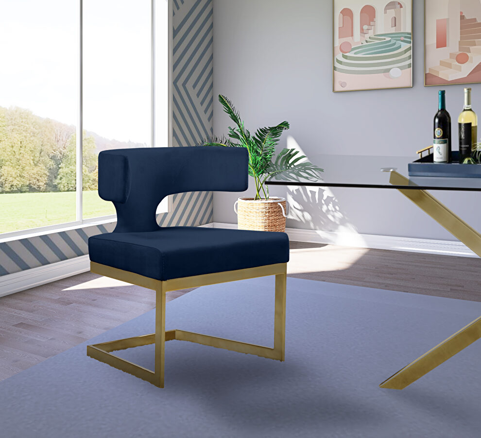 Floating gold base / blue velvet curved back dining chair by Meridian
