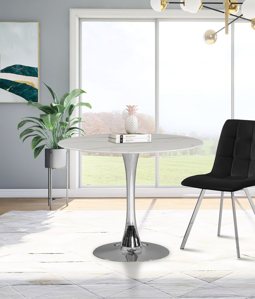 White / glass round marble top / chrome base dining table by Meridian