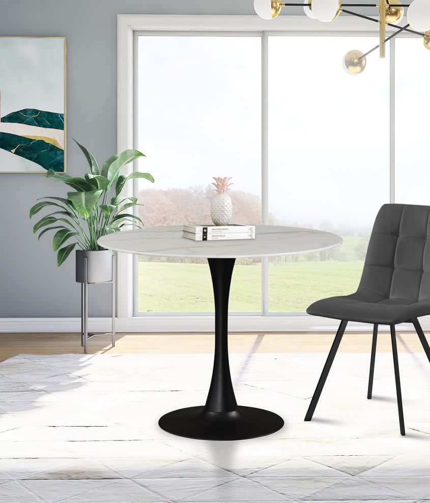 White / glass round marble top / black base dining table by Meridian