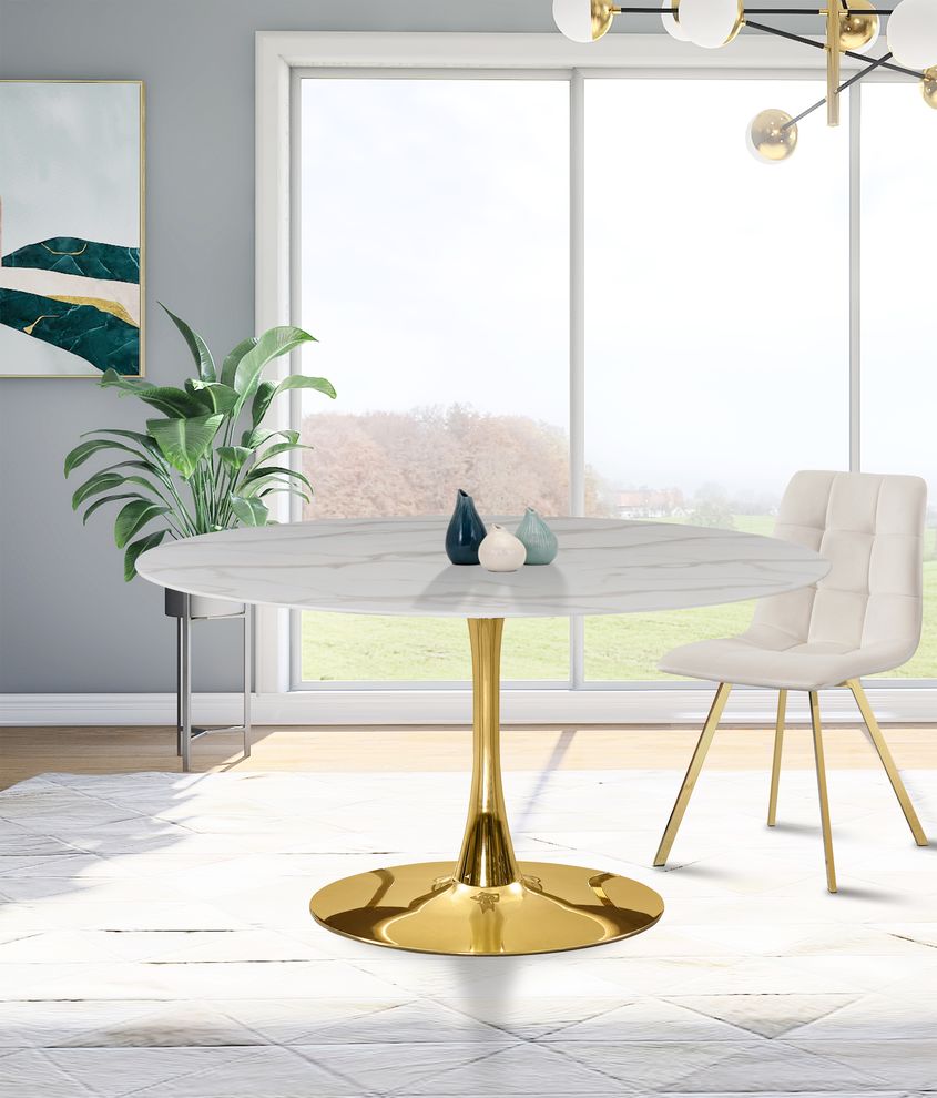 White / glass round marble top / gold base dining table by Meridian