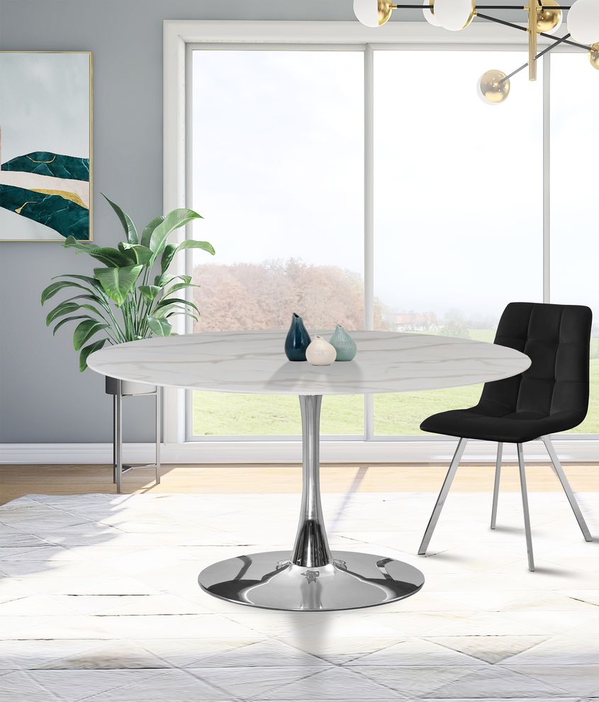 White / glass round marble top / chrome base dining table by Meridian