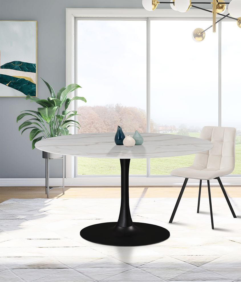 White / glass round marble top / black base dining table by Meridian