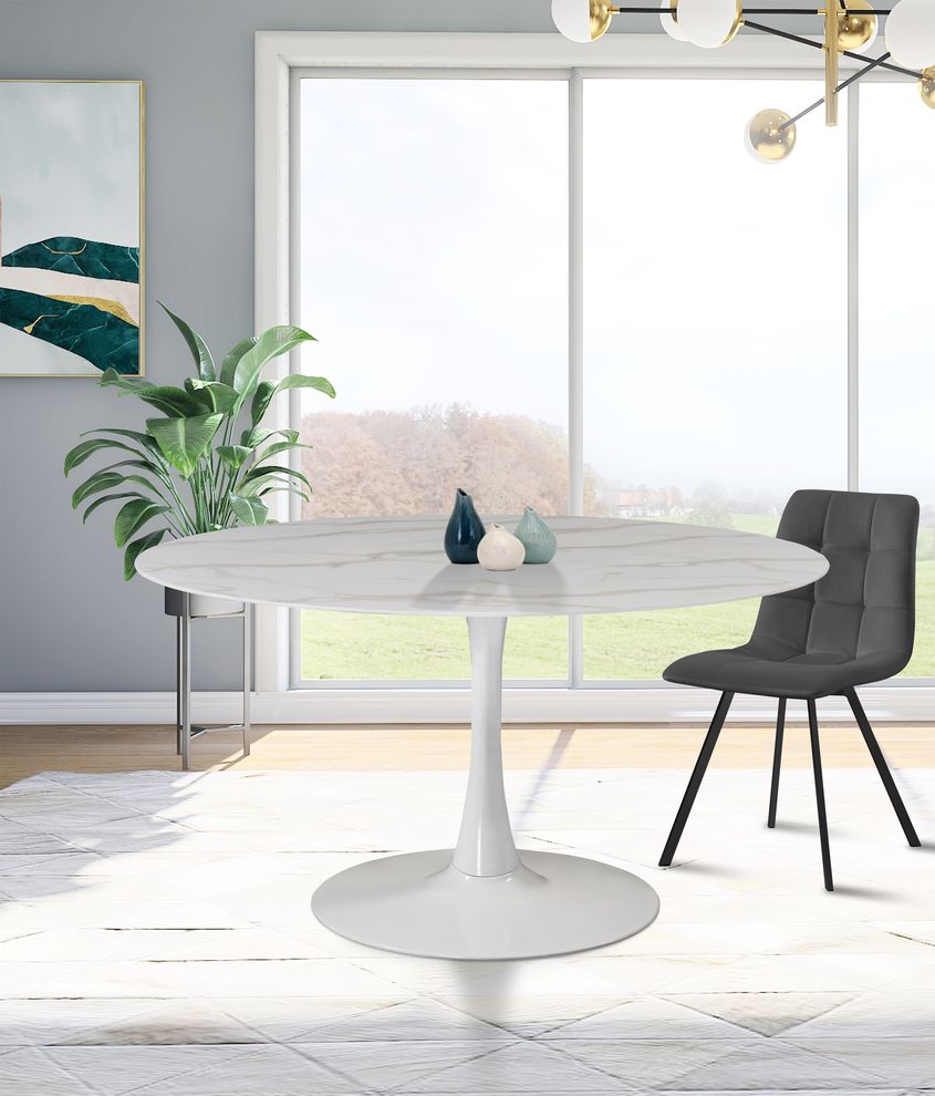 White / glass round marble top / white base dining table by Meridian