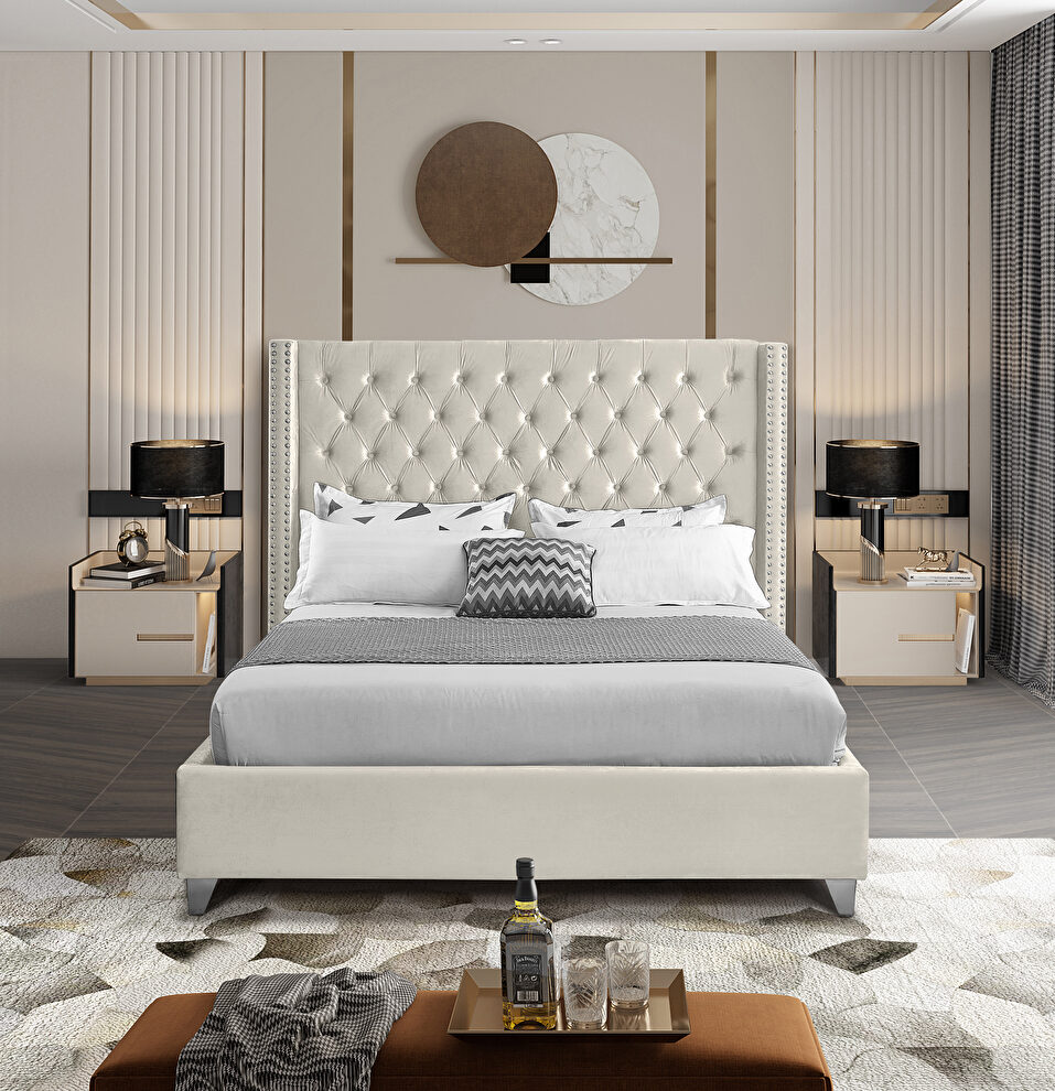 Modern tufted headboard cream fabric king bed by Meridian