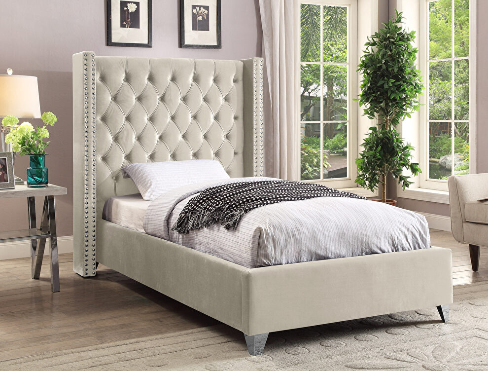 Modern cream high tufted headboard twin bed by Meridian
