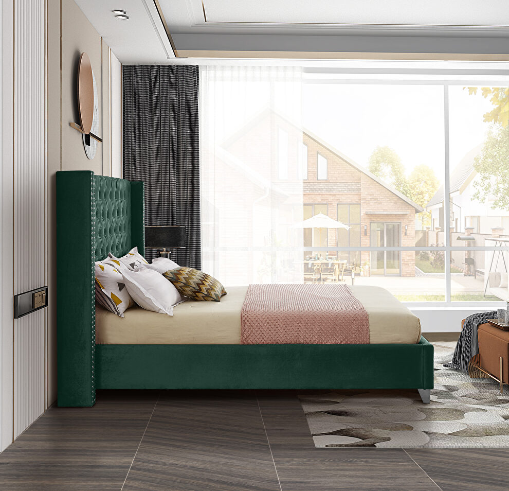 Modern tufted headboard green velvet full bed by Meridian