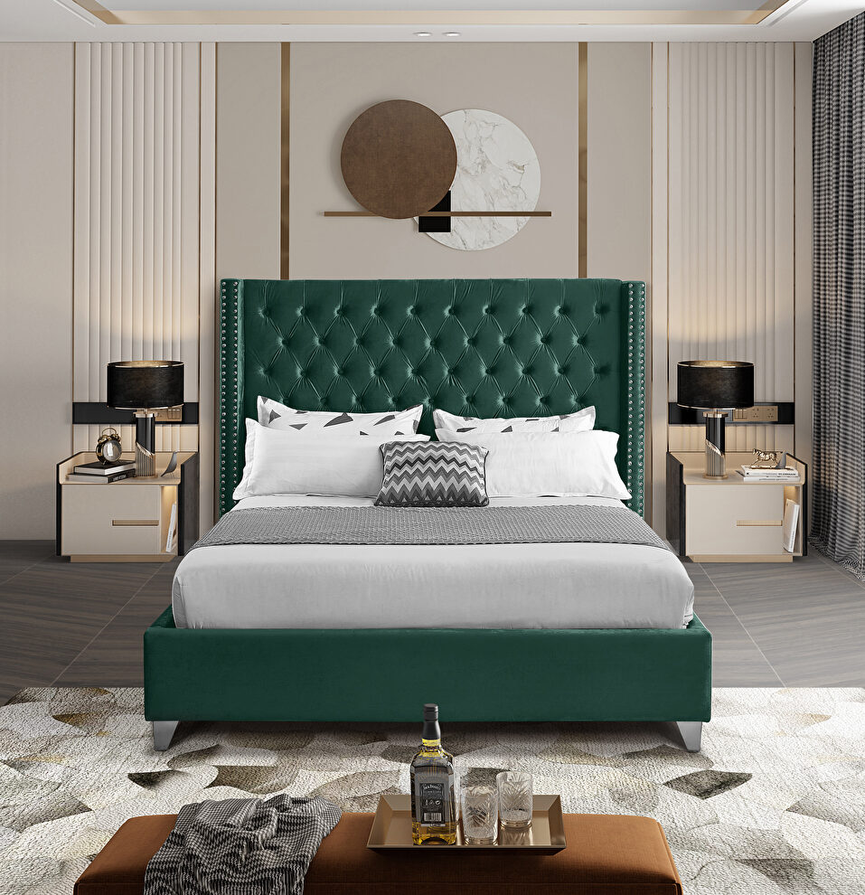 Modern tufted headboard green fabric king bed by Meridian