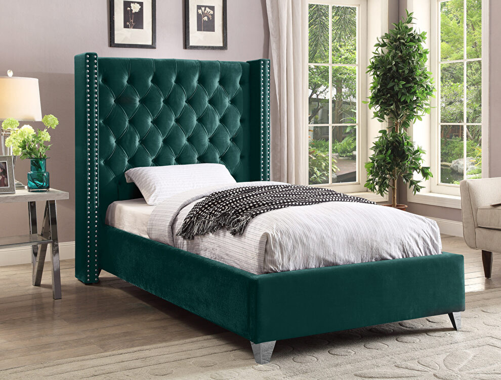 Modern green high tufted headboard twin bed by Meridian