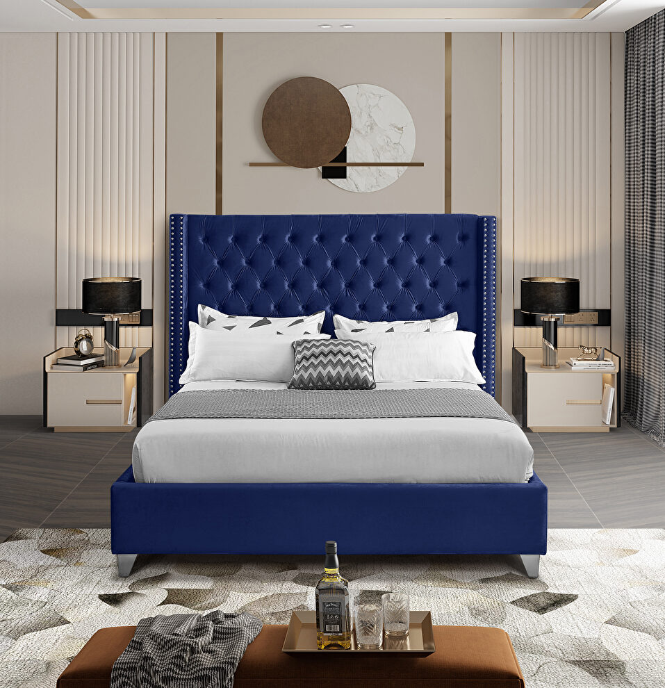 Modern tufted headboard navy fabric king bed by Meridian