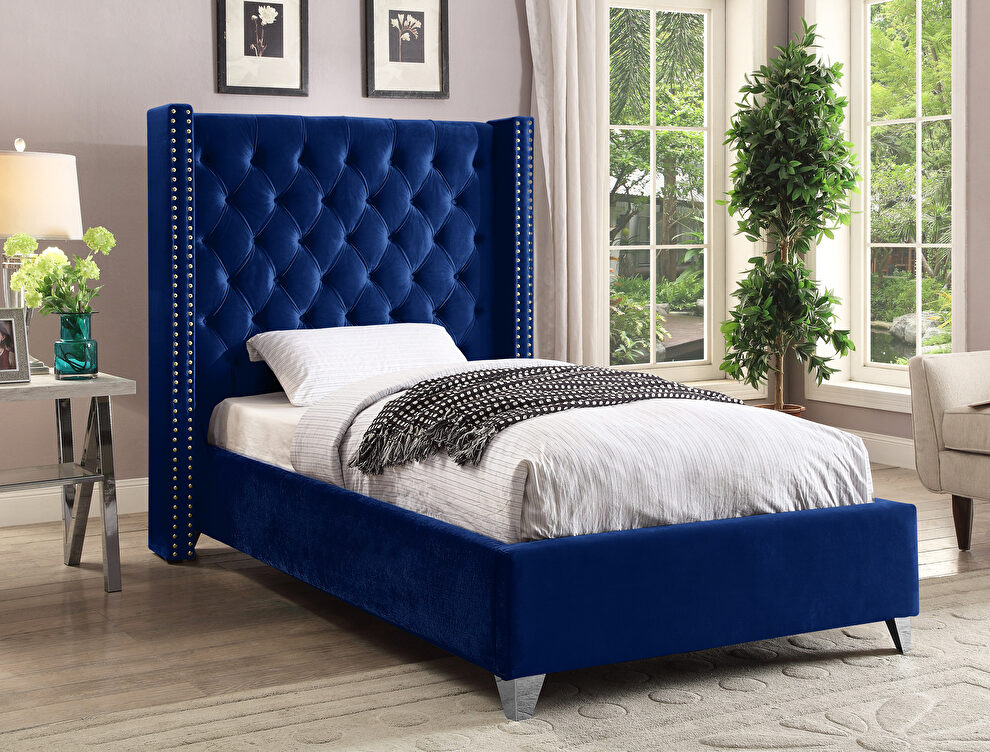Modern navy blue high tufted headboard twin bed by Meridian