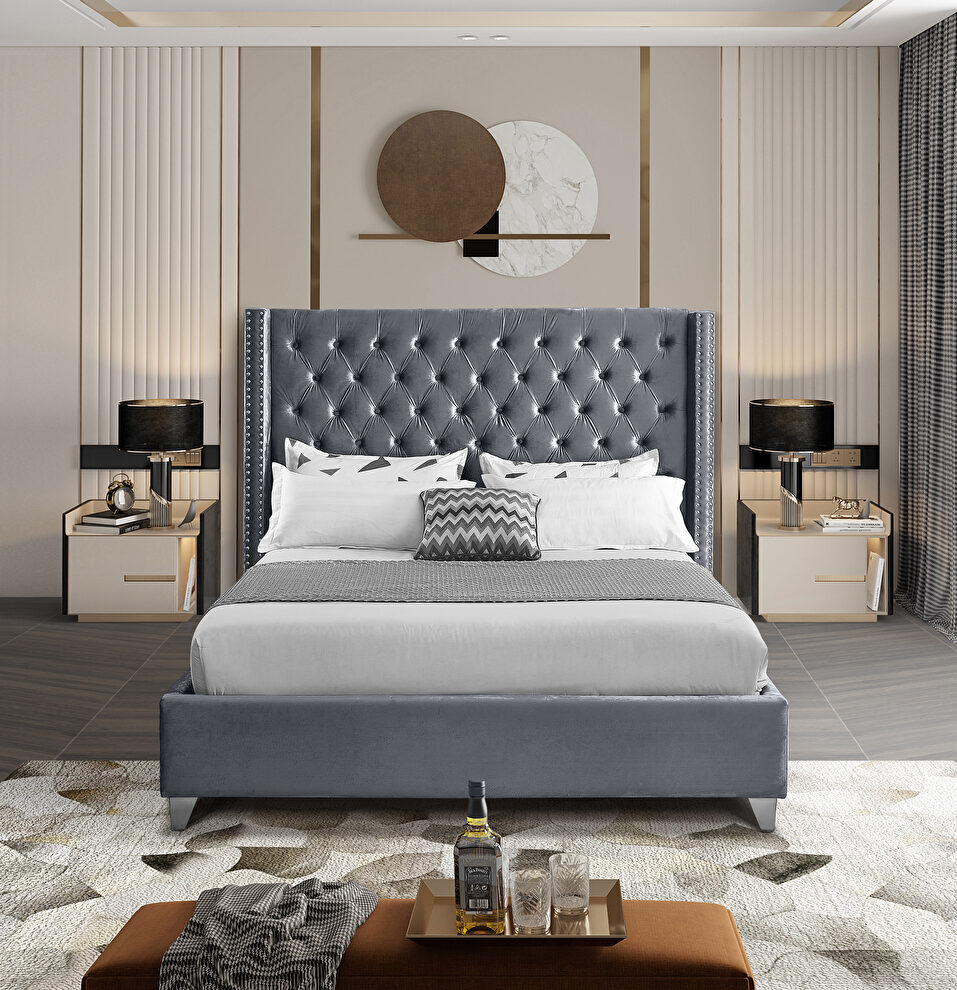 Modern tufted headboard gray fabric king bed by Meridian