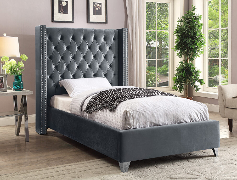 Modern gray high tufted headboard twin bed by Meridian