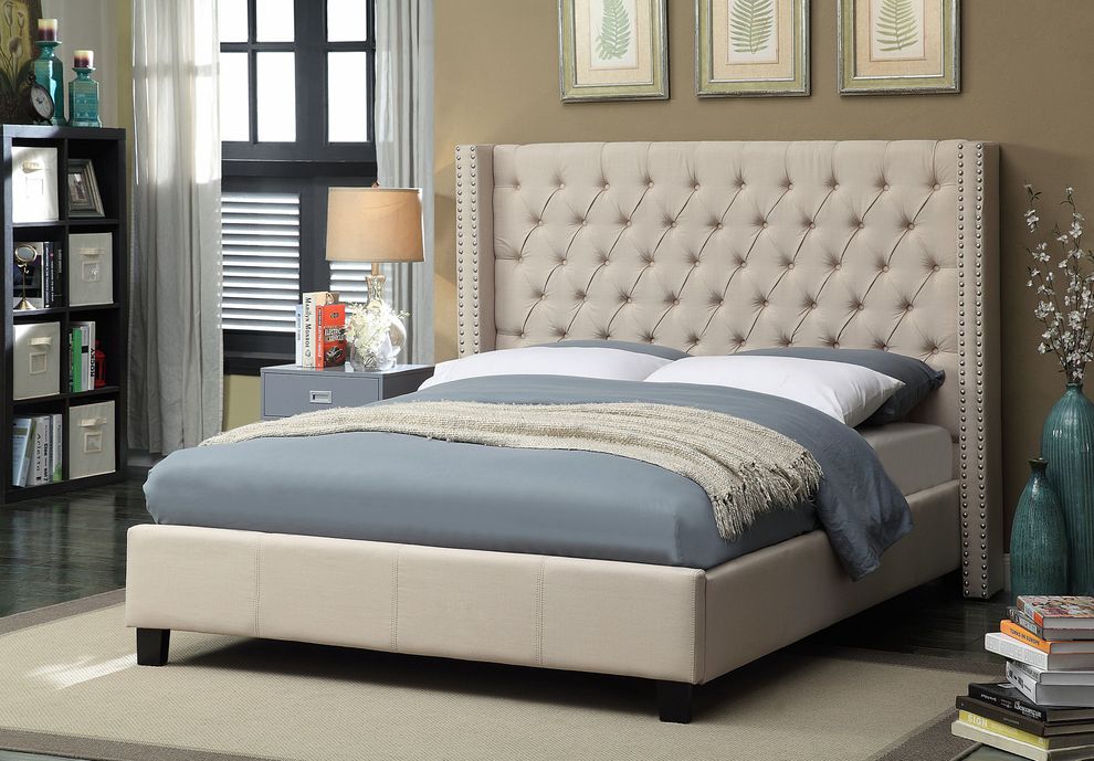 Beige linen fabric tufted headboard design king bed by Meridian